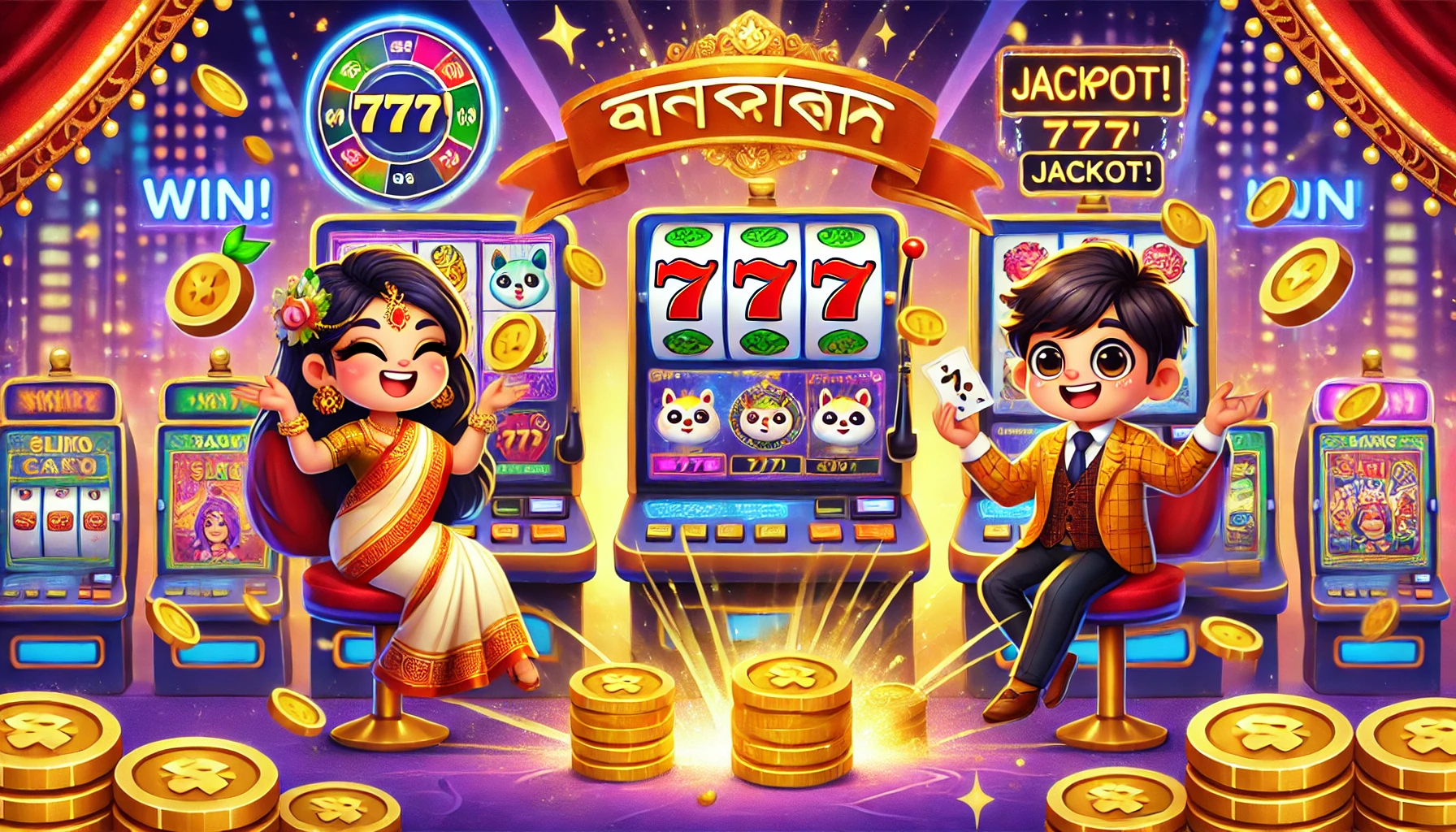 লাকি নম্বর ৭ এবং রঙিন স্লট মেশিনের রিল ঘুরছে